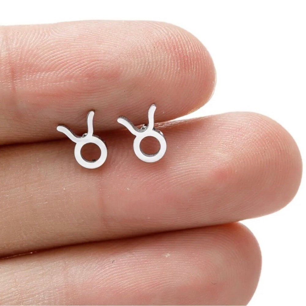 2 For $25 18k White Gold (Rhodium) Unisex Taurus Zodiac Sign Minimalist Earrings